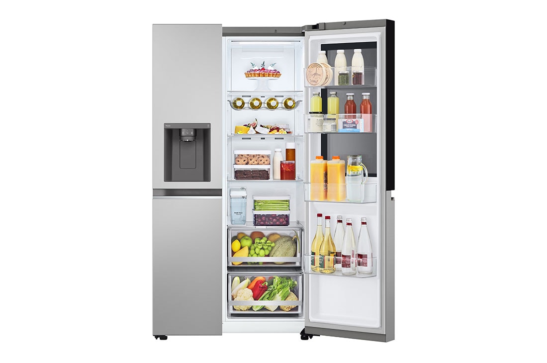 LG 635L InstaView™ Side by Side (Prime Silver), Energiklasse E, Vann/isdispenser uten vanntilkobling, Smart Diagnosis™ med Wi-Fi, front view with right door open with food, GSGV81PYLL, thumbnail 12