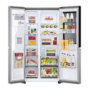 LG 635L InstaView™ Side by Side (Prime Silver), Energiklasse E, Vann/isdispenser uten vanntilkobling, Smart Diagnosis™ med Wi-Fi, front view with door open with food , GSGV81PYLL, thumbnail 3