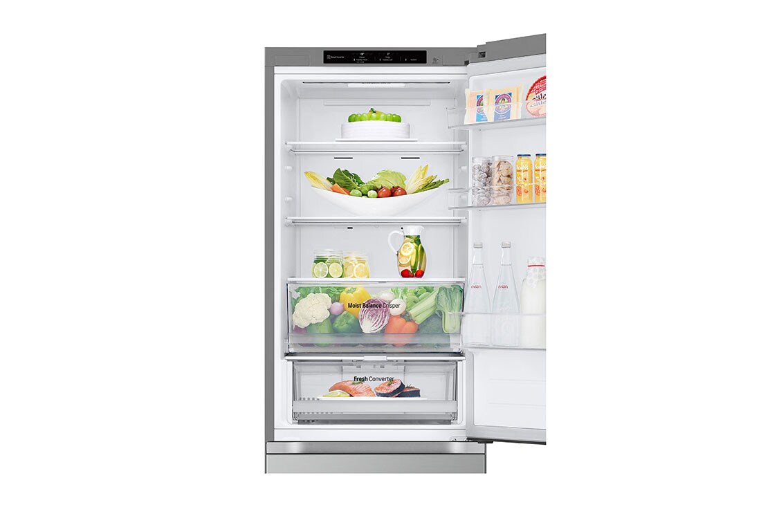 LG 1.86M 344L Kombiskap(Prime Silver) - Energiklasse E, Nature Fresh, Door Cooling+™ og Smart Diagnosis™, full visning toppdør åpen med mat, GBV3100EPY, thumbnail 11