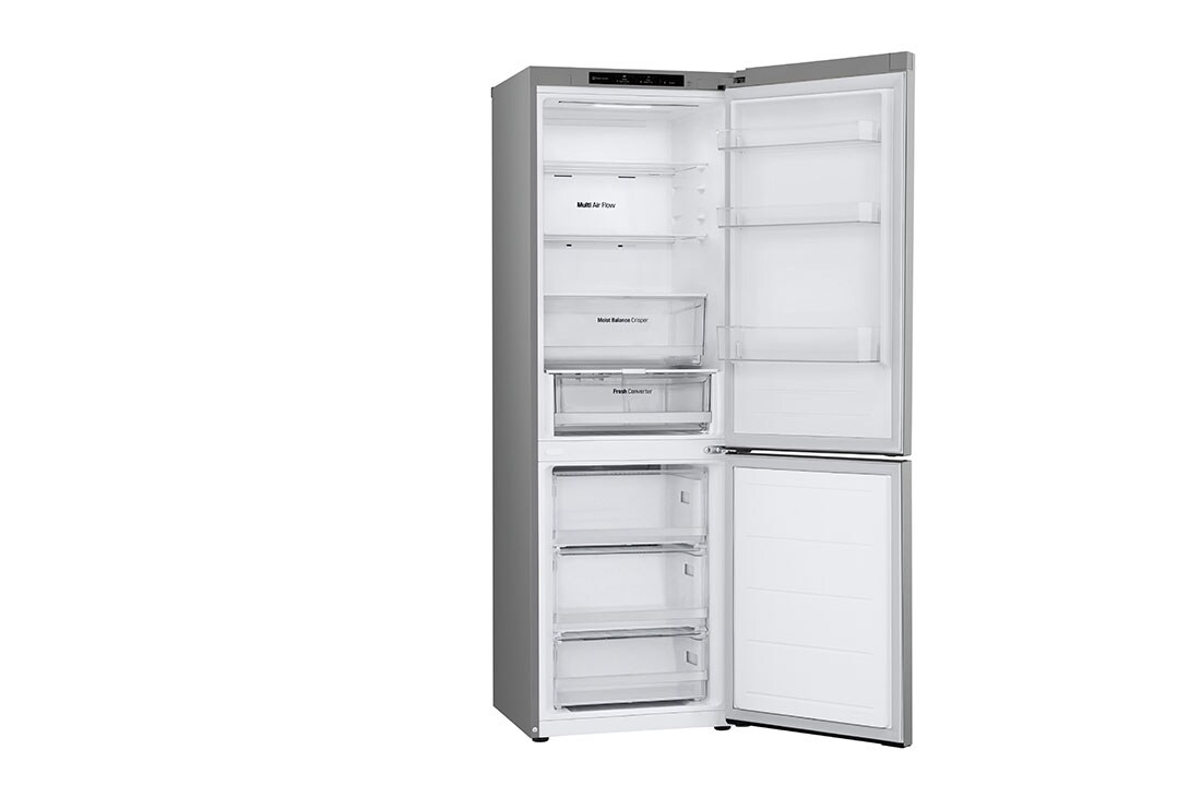 LG 1.86M 344L Kombiskap(Prime Silver) - Energiklasse E, Nature Fresh, Door Cooling+™ og Smart Diagnosis™, venstre sidevisning med dør åpen med mat, GBV3100EPY, thumbnail 13