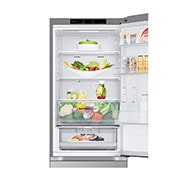 LG 1.86M 344L Kombiskap(Prime Silver) - Energiklasse E, Nature Fresh, Door Cooling+™ og Smart Diagnosis™, full visning toppdør åpen med mat, GBV3100EPY, thumbnail 11