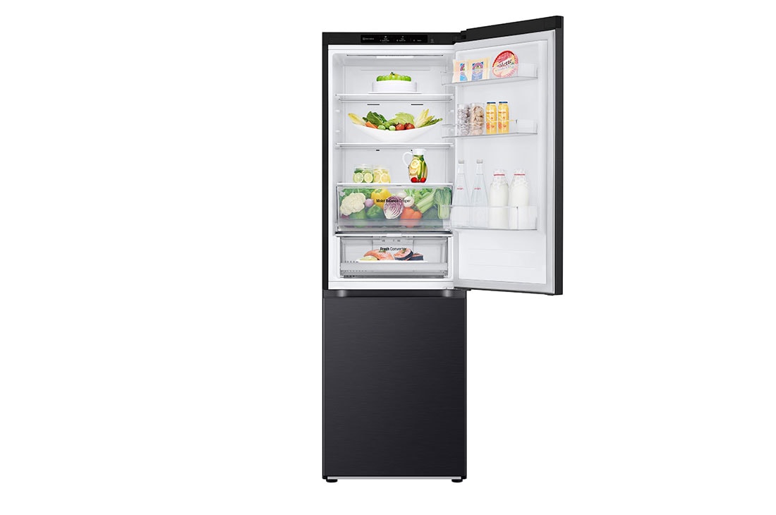LG 1.86M 344L Kombiskap(Matte Black) - Energiklasse E, Nature Fresh, Door Cooling+™ og Smart Diagnosis™, toppdøren åpen med mat, GBV3100EEP, thumbnail 9
