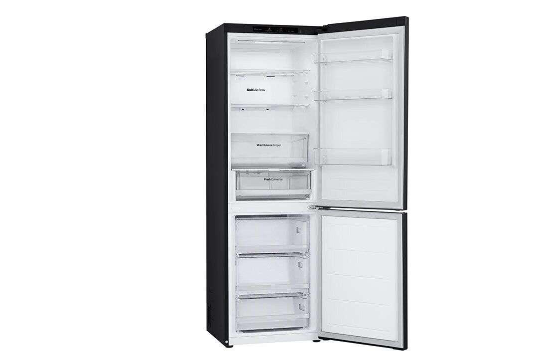 LG 1.86M 344L Kombiskap(Matte Black) - Energiklasse E, Nature Fresh, Door Cooling+™ og Smart Diagnosis™, full visning toppdør åpen med mat, GBV3100EEP, thumbnail 11