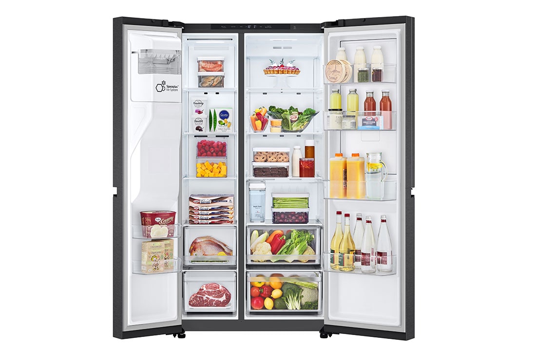LG 641L Door in Door™ Side by Side (Matte Black), Energiklasse E, Vann/isdispenser uten vanntilkobling, Smart Diagnosis™ , Front Right Open with food, GSJC41EPPE, thumbnail 4