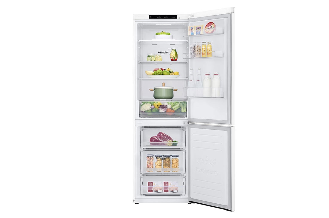LG GBP61SWPGN 1.86M 341L Kombiskap(Hvit) - Energiklasse D, Door Cooling™og Smart Diagnosis™, Front view all door open with food, GBP61SWPGN, thumbnail 2