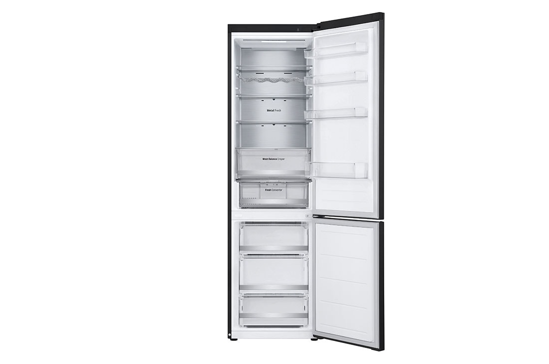 LG 2.03M 387L Kombiskap(Matte Black) - Energiklasse D, Door Cooling™ og Smart Diagnosis™ med Wi-Fi, forfra med alle dørene åpne med mat, GBV5250DEP, thumbnail 3