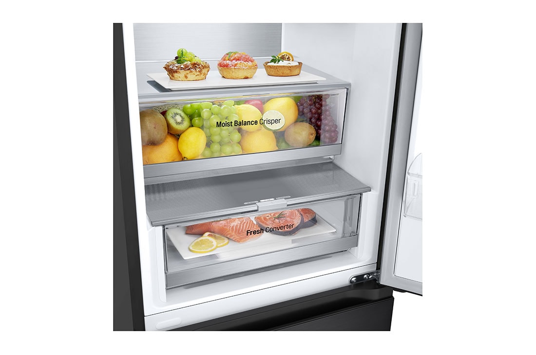 LG 2.03M 387L Kombiskap(Matte Black) - Energiklasse D, Door Cooling™ og Smart Diagnosis™ med Wi-Fi, toppdørsutsikt med mat, GBV5250DEP, thumbnail 7