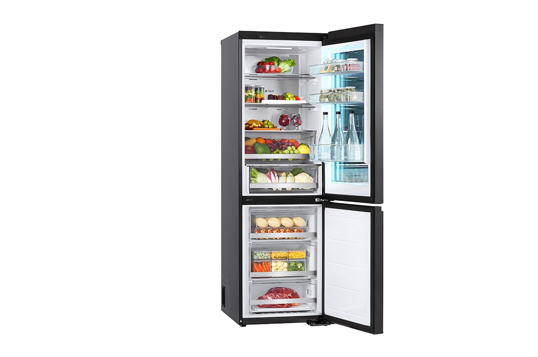 LG 186M 352L Kombiskap(Essence Black) - Energiklasse D, MoodUP™, InstaView™, Nature Fresh, Door Cooling+™ Smart Diagnosis™ med Wi-Fi, M-VB_Mood-Up_GC-V459QGWD_LeftSideOpen_Food, GBG719MDNN, thumbnail 10