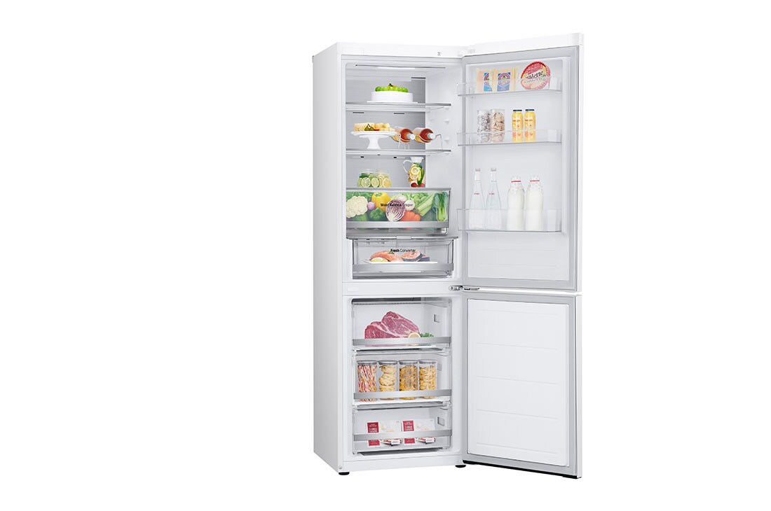 LG 1.86M 344L Kombiskap(Hvit) - Energiklasse D, Door Cooling™ og Smart Diagnosis™ med Wi-Fi, Left side all door open with food, GBV5150DSW, thumbnail 12