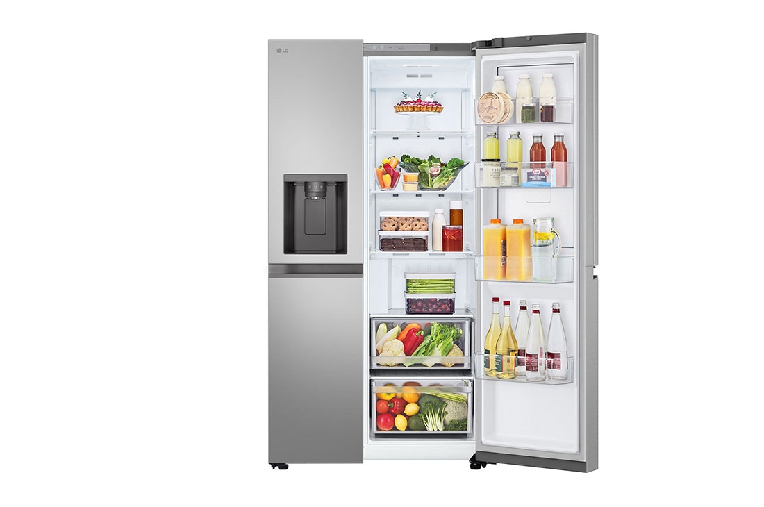 LG 638L Door in Door™ Side by Side (Prime Silver), Energiklasse E, Vann/isdispenser med vanntilkobling, Smart Diagnosis™ ,  left door open with food stored, GSJC40PYPE, thumbnail 4