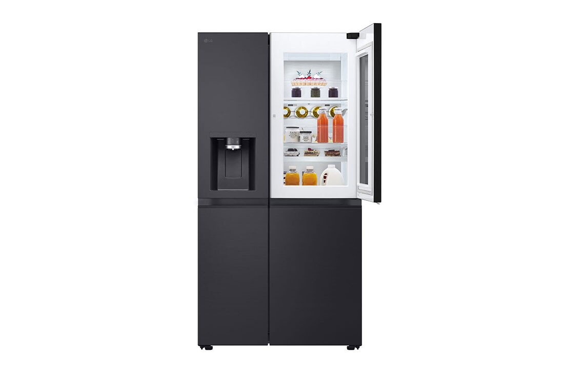 LG 628L InstaView Door in Door™ Side by Side (Essence Black), Energiklasse D, Vann/isdispenser med vanntilkobling, Smart Diagnosis™ med Wi-Fi, top door open view, GSXE90EVAD, thumbnail 3