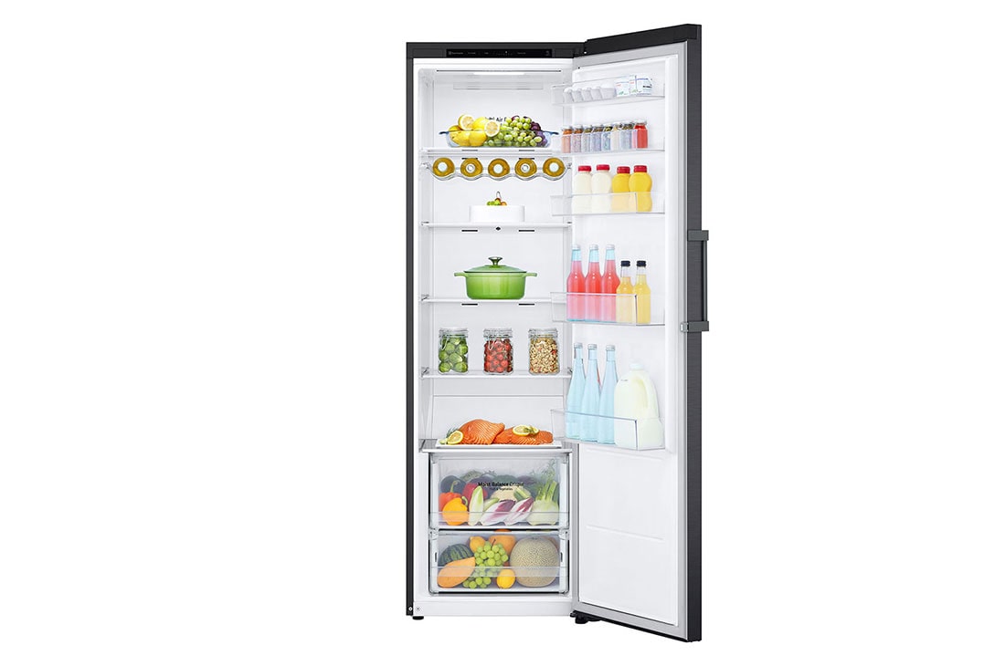 LG 386L Frittstående kjøleskap (Matte Black) - Energiklasse D, Door Cooling™, LINEARCooling™, Moist Balance Crisper™, front open with food stored, GLT51MCGSF, thumbnail 2