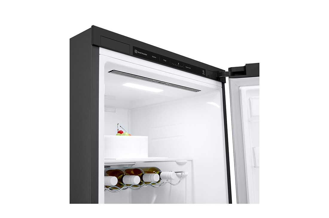LG 386L Frittstående kjøleskap (Matte Black) - Energiklasse D, Door Cooling™, LINEARCooling™, Moist Balance Crisper™, left open with food stored, GLT51MCGSF, thumbnail 7