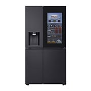 LG 628L InstaView Door in Door™ Side by Side (Essence Black), Energiklasse D, Vann/isdispenser uten vanntilkobling, Smart Diagnosis™ med Wi-Fi, front with lights on, GSXE91EVAD, thumbnail 1