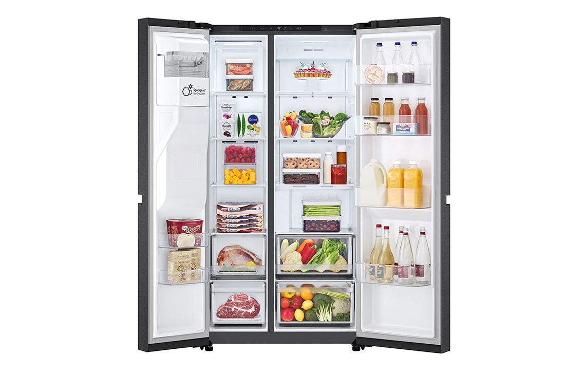 LG 638L Side by Side (Matte Black), Energiklasse E, Vann/isdispenser med vanntilkobling, Smart Diagnosis™, Front Open view with Food, GSLC40EPPE, thumbnail 2
