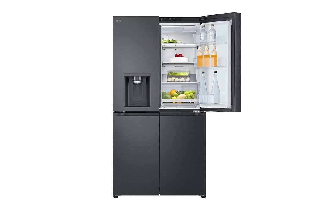 LG 641L French Door Side-by-Side  (Essence Black) - Energiklasse E, Vann/isdispenser med vanntilkobling, Smart Diagnosis™ med Wi-Fi, top left door open with food stored, GML960EVBE, thumbnail 6