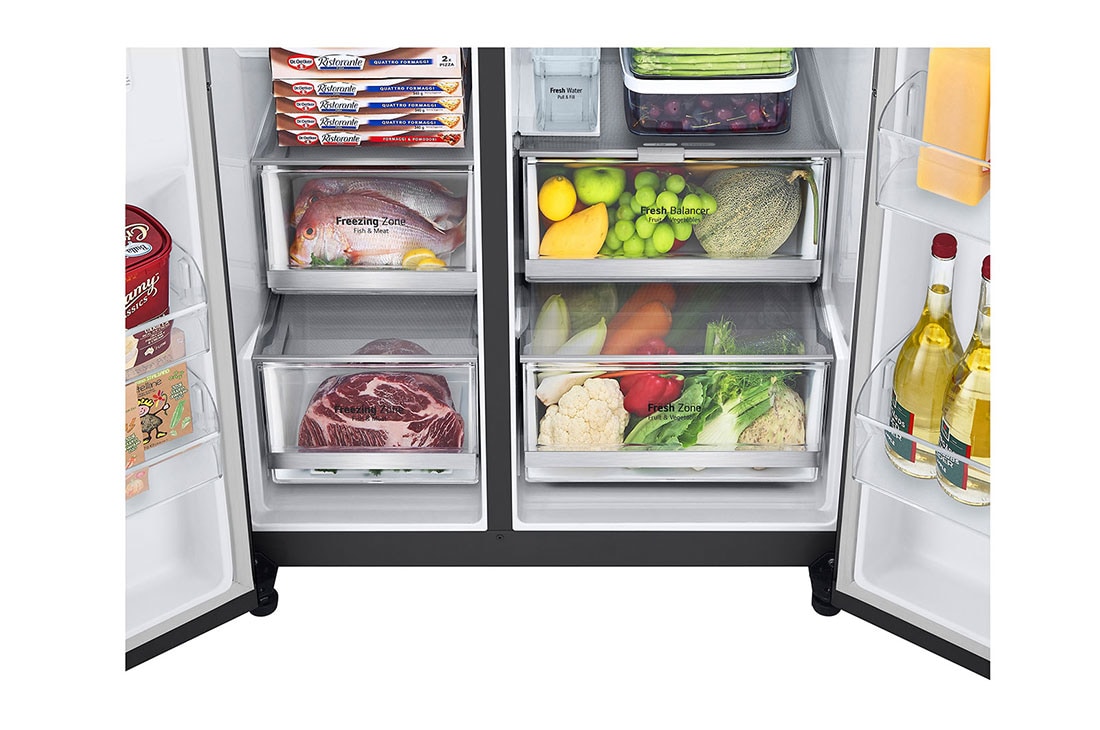 LG 635L InstaView™ Side by Side (Matte Black), Energiklasse E, Vann/isdispenser uten vanntilkobling, Smart Diagnosis™ med Wi-Fi, front view with right door open without food, GSGV81EPLL, thumbnail 13