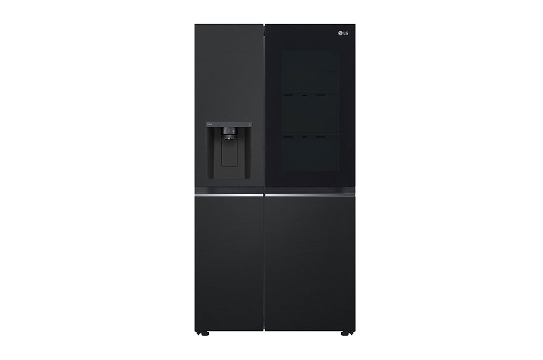 LG 635L InstaView™ Side by Side (Matte Black), Energiklasse E, Vann/isdispenser uten vanntilkobling, Smart Diagnosis™ med Wi-Fi, front view with light , GSGV81EPLL