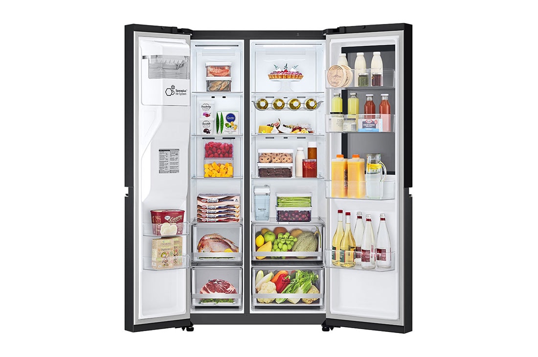 LG 635L InstaView™ Side by Side (Matte Black), Energiklasse E, Vann/isdispenser uten vanntilkobling, Smart Diagnosis™ med Wi-Fi, front view with door open with food , GSGV81EPLL, thumbnail 3