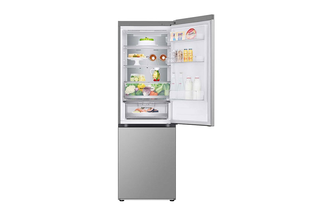 LG 1.86M 344L Kombiskap(Prime Silver) - Energiklasse D, Nature Fresh, Door Cooling+™ og Smart Diagnosis™ med Wi-Fi, top door open with food, GBV5150DPY, thumbnail 4