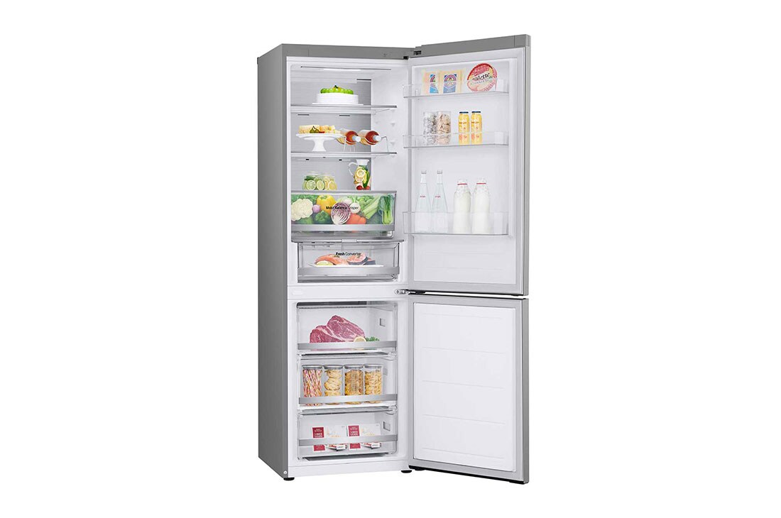 LG 1.86M 344L Kombiskap(Prime Silver) - Energiklasse D, Nature Fresh, Door Cooling+™ og Smart Diagnosis™ med Wi-Fi, left open with food stored, GBV5150DPY, thumbnail 11