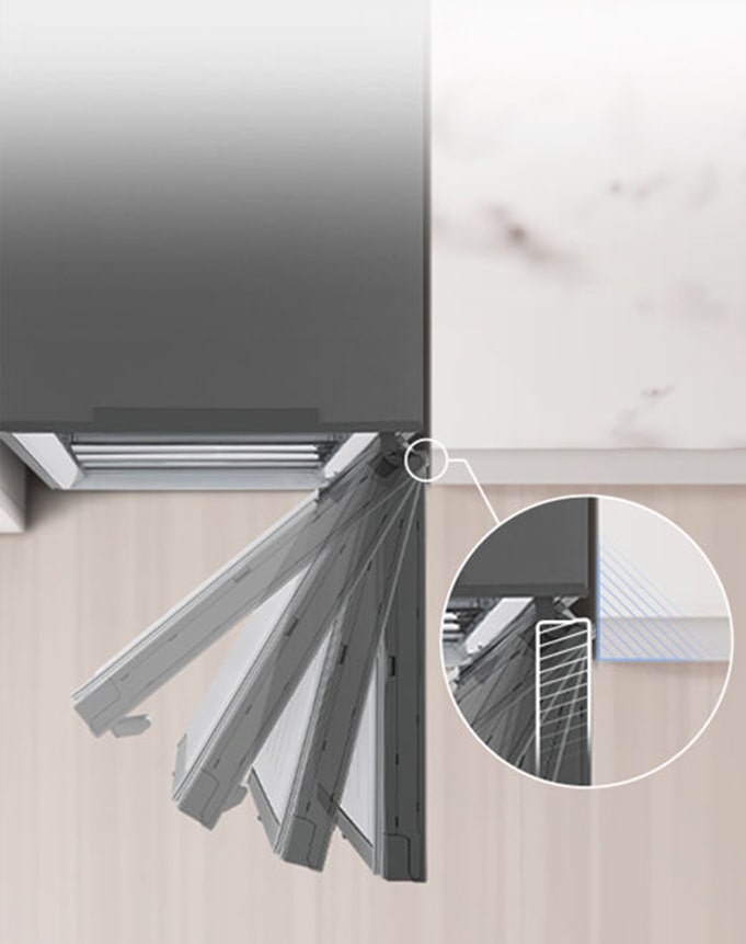 Overblikk over kjøleskapet ved siden av veggen med null klaring for dørghengslene.