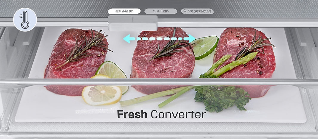 Nærbilde av fresh-konverter fylt med kjøtt, satt på riktig temperatur for mat blant kjøtt-, fisk- og grønnsaksalternativene.