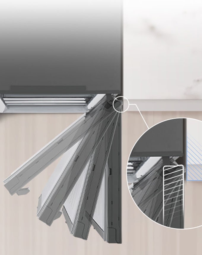 Overblikk over kjøleskapet ved siden av veggen med null klaring for dørghengslene.