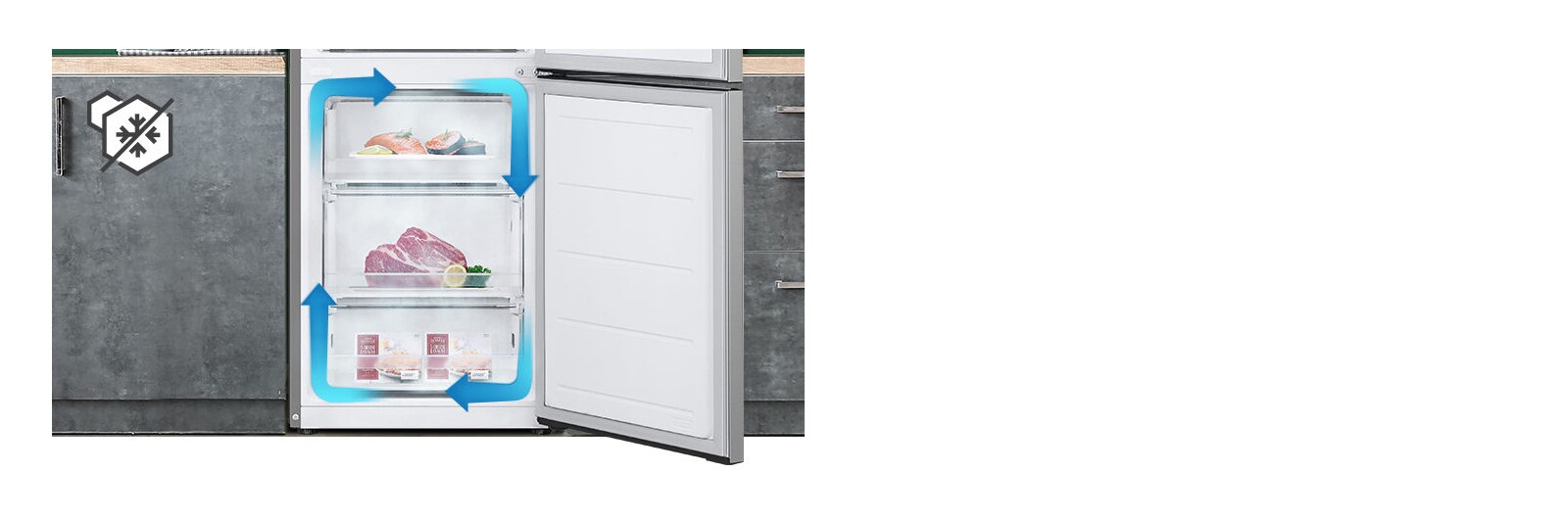 Kjølige luft strømmer i alle retninger for å omringe maten din med kjølig luft, som gir optimal friskhet