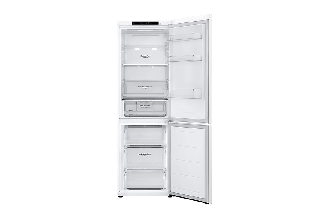 LG 1.86M 344L Kombiskap(Hvit) - Energiklasse A, Nature Fresh, Door Cooling+™ og Smart Diagnosis™, forfra med alle dørene åpne med mat, GBV3100ASW, thumbnail 3