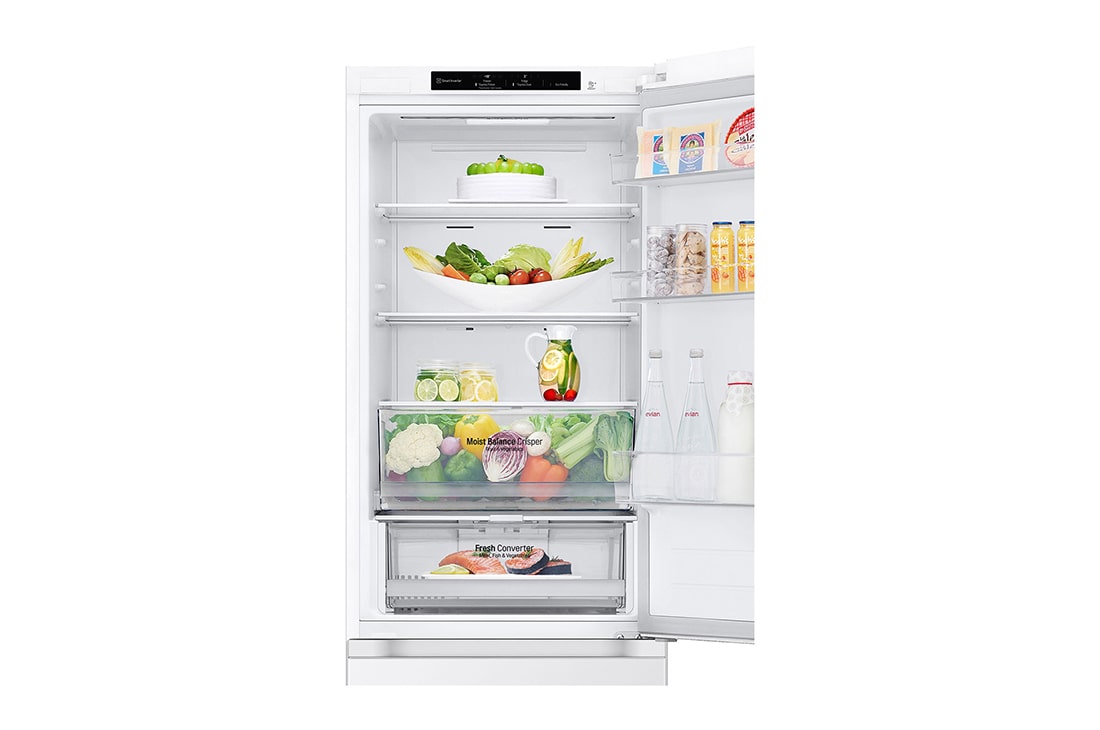 LG 1.86M 344L Kombiskap(Hvit) - Energiklasse A, Nature Fresh, Door Cooling+™ og Smart Diagnosis™, venstre side åpen utsikt med mat, GBV3100ASW, thumbnail 10