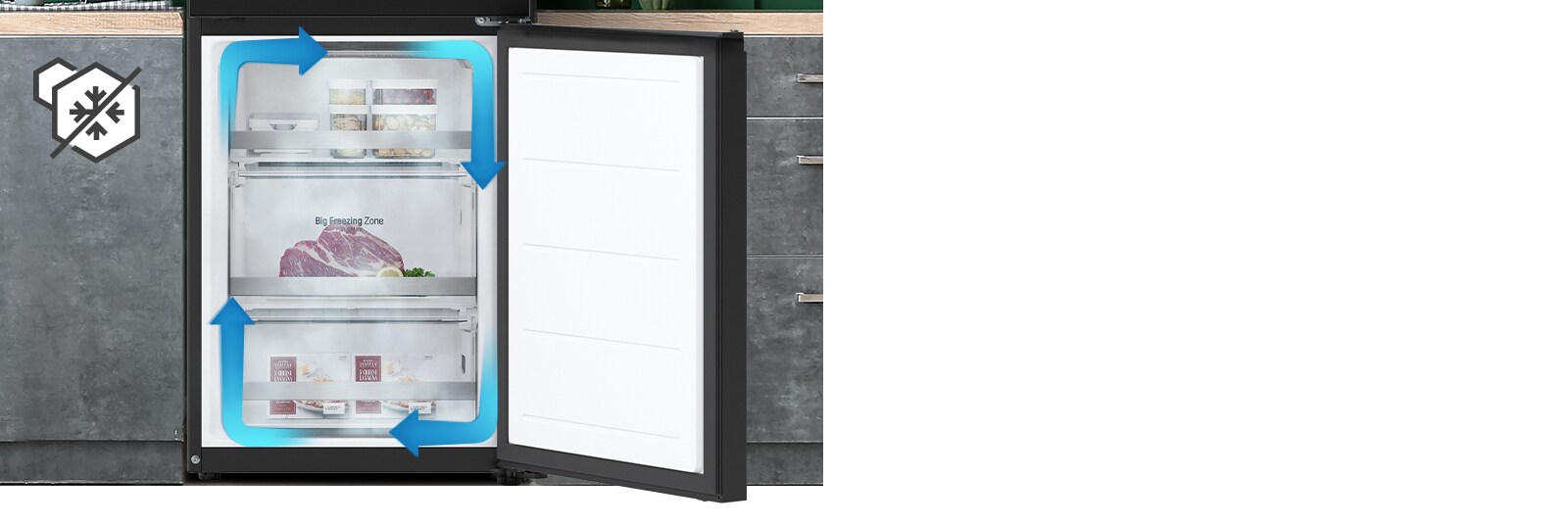 Kjølige luft strømmer i alle retninger for å omringe maten din med kjølig luft, som gir optimal friskhet