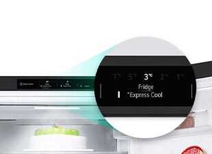 Nørbilde av express kjøleknapp på toppen av kjøleskapet.