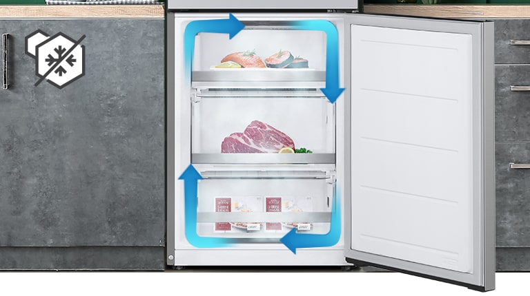 Kjølige luft strømmer i alle retninger for å omringe maten din med kjølig luft, som gir optimal friskhet