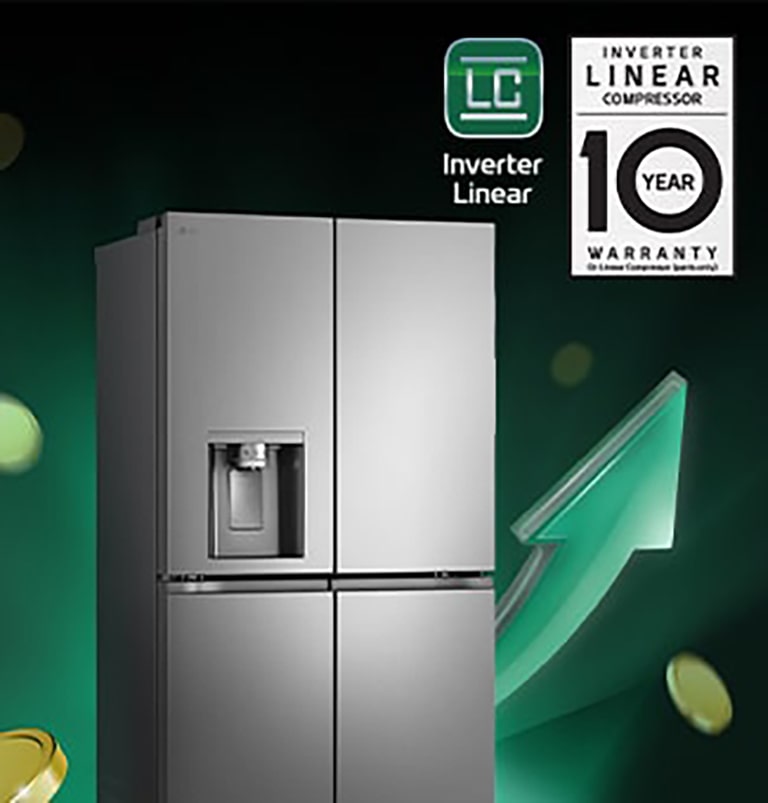 Jääkaappi ylöspäin osoittavien nuolten ja kasautuvien kolikkojen edessä