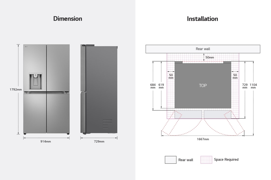LG 637L French Door Side-by-Side (Prime Silver), Energiklasse E, Vann/isdispenser med vanntilkobling, Smart Diagnosis™ , Dimensjoner, GML960PYFE, thumbnail 13