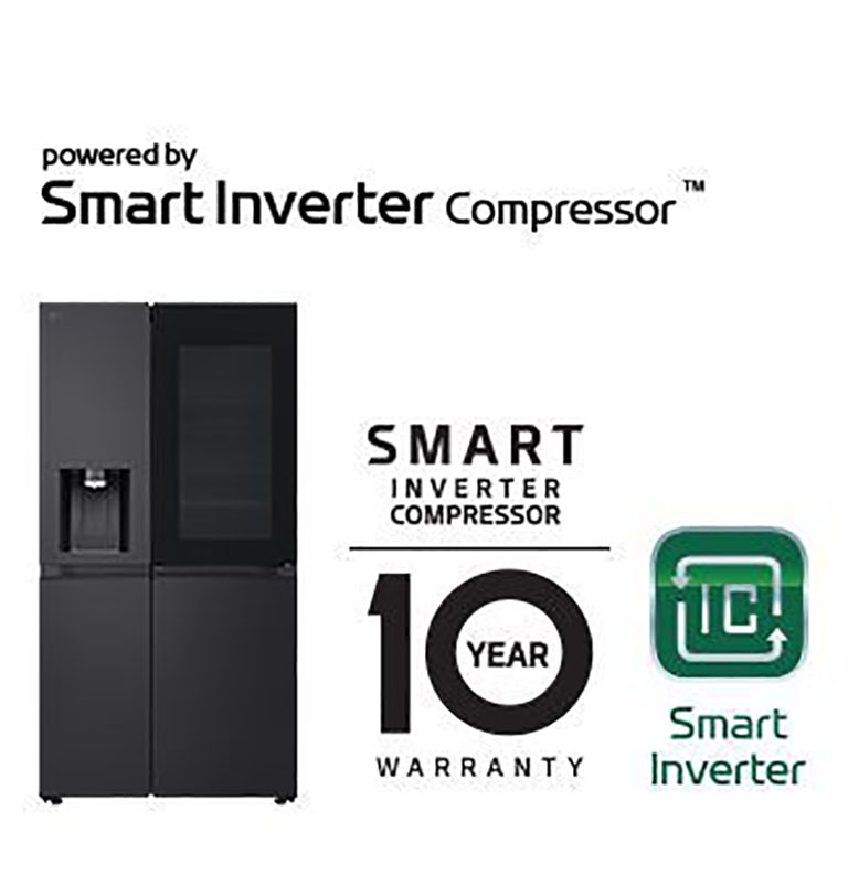 Produktbilde med Smart Inverter Compressor™-logo og 10 års garantilogo.