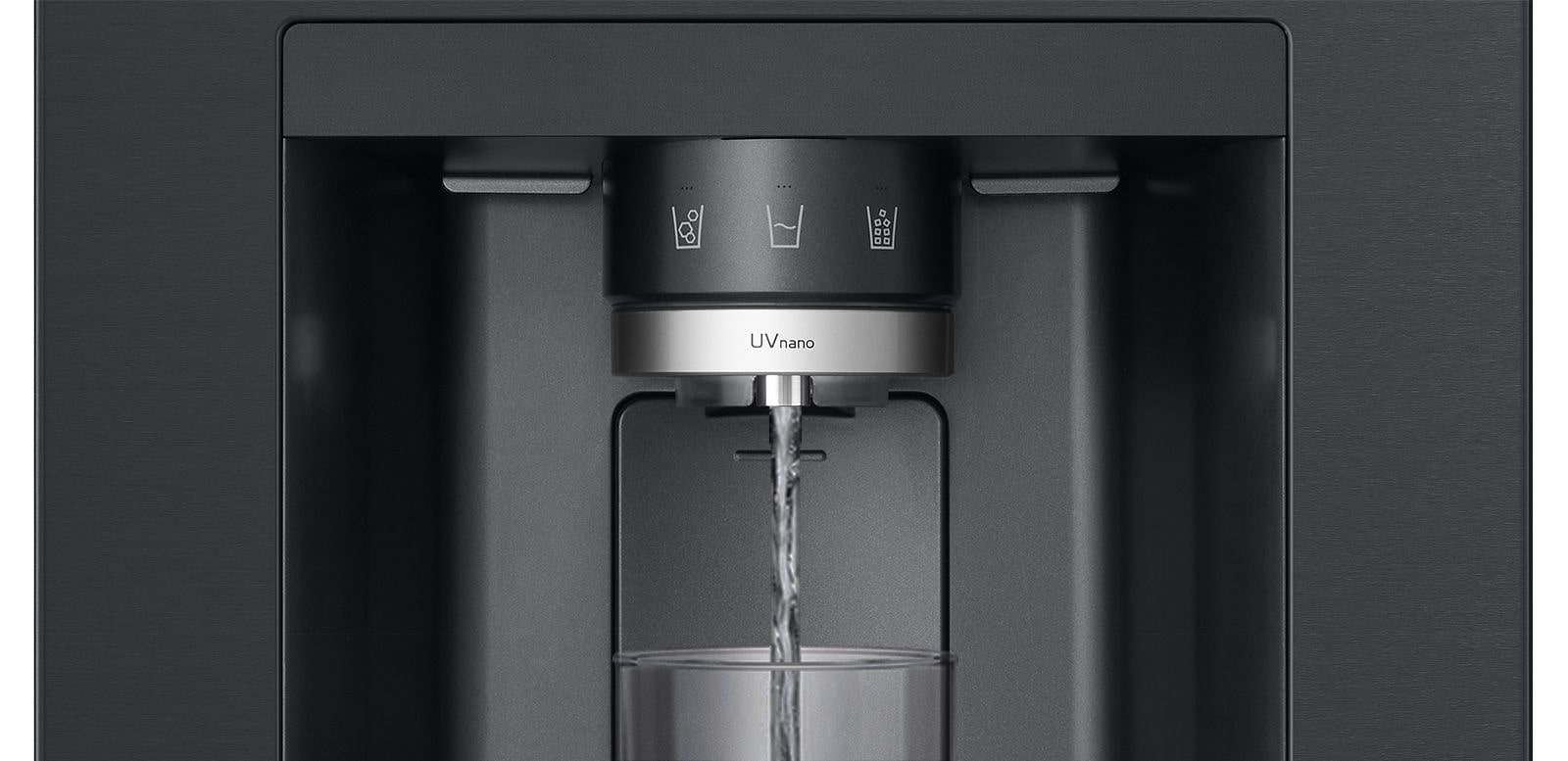 The water is coming out of the dispenser in the black refrigerator.