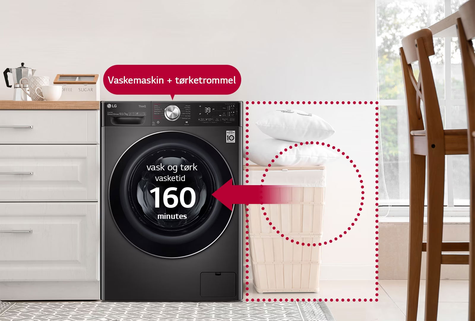 Det her er et bilde av en kombinert vask/tørk som sparer plass i huset og til og med vasketid.