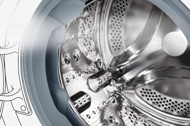 Bildet av vaskemaskinen med herdet glassdør er godt synlig.