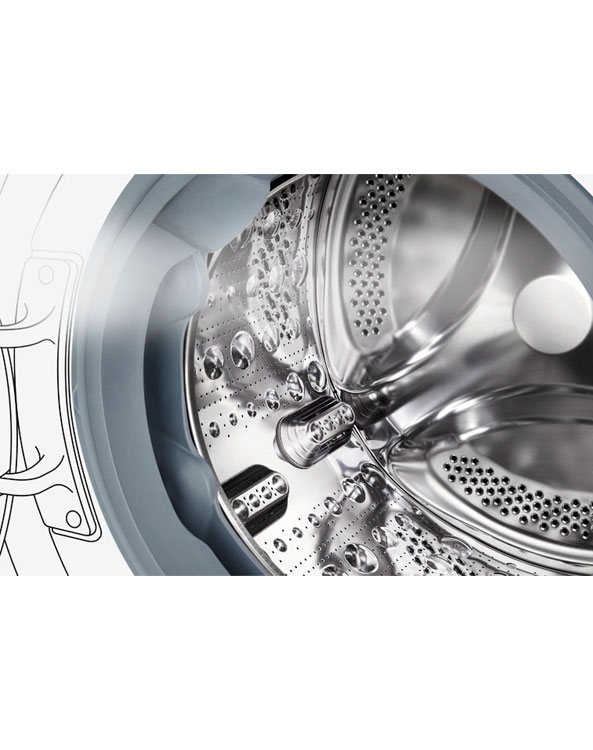 Bildet av vaskemaskinen med herdet glassdør er godt synlig.