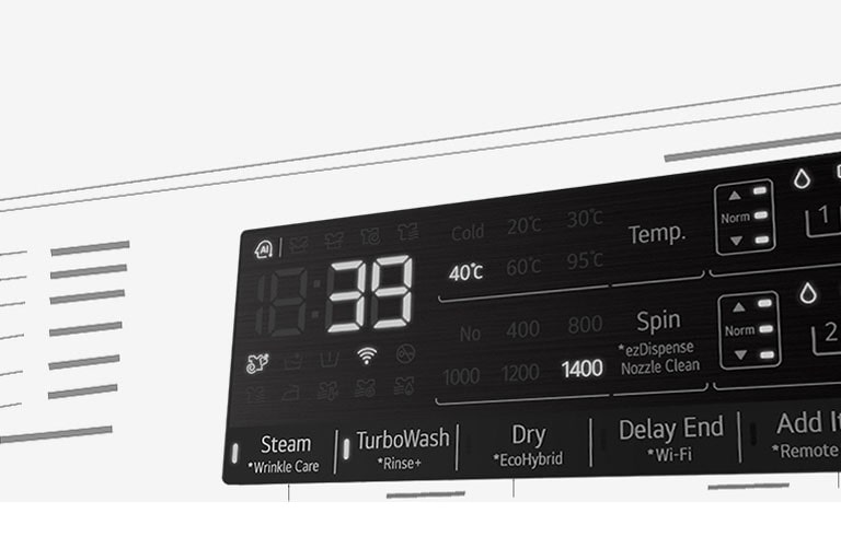 Dette er et forstørret bilde av vaskemaskinens panel, slik at displayet er godt synlig.