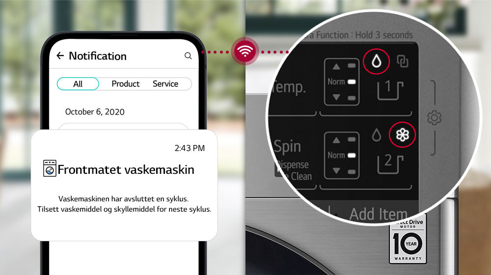 Melding om etterfylling av vaskemaskinen vises på både mobil og vaskemaskinen.
