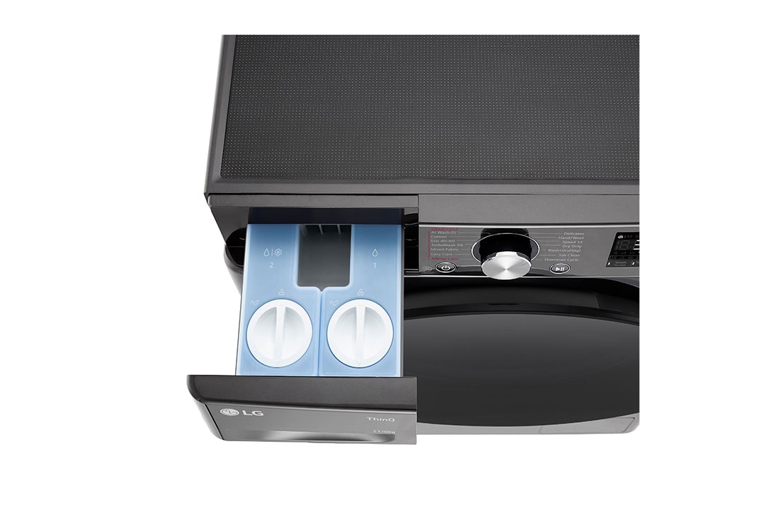 LG 11 kg / 6 kg Kombinert vaskemaskin/tørketrommel(Svart) - Auto-Dose, Steam, Energiklasse E, TurboWash™360, AI DD™, Smart Diagnosis™ med Wi-Fi, detergant draw open , CV94E7S2QA, thumbnail 6