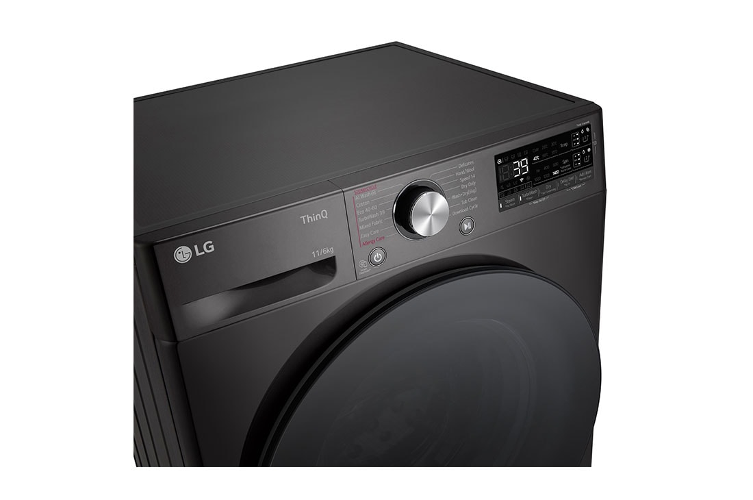 LG 11 kg / 6 kg Kombinert vaskemaskin/tørketrommel(Svart) - Auto-Dose, Steam, Energiklasse E, TurboWash™360, AI DD™, Smart Diagnosis™ med Wi-Fi, right top view, CV94E7S2QA, thumbnail 7
