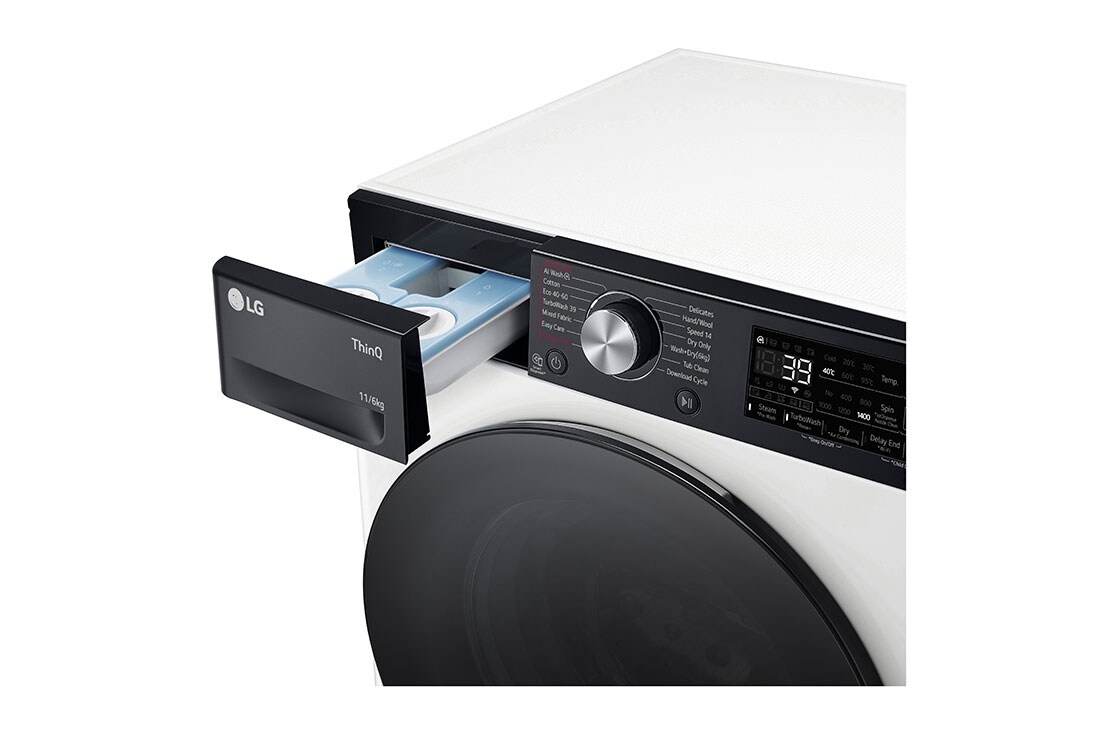 LG 11 kg / 6 kg Kombinert vaskemaskin/tørketrommel(Hvit) - Auto-Dose, Steam, Energiklasse E, TurboWash™360, AI DD™, Smart Diagnosis™ med Wi-Fi, Top detergent view , CV94E7S2BA, thumbnail 5