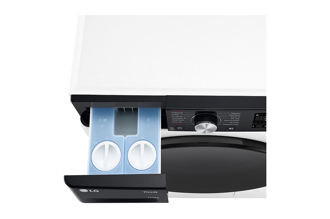 LG 11 kg / 6 kg Kombinert vaskemaskin/tørketrommel(Hvit) - Auto-Dose, Steam, Energiklasse E, TurboWash™360, AI DD™, Smart Diagnosis™ med Wi-Fi, Top detergent view , CV94E7S2BA, thumbnail 6