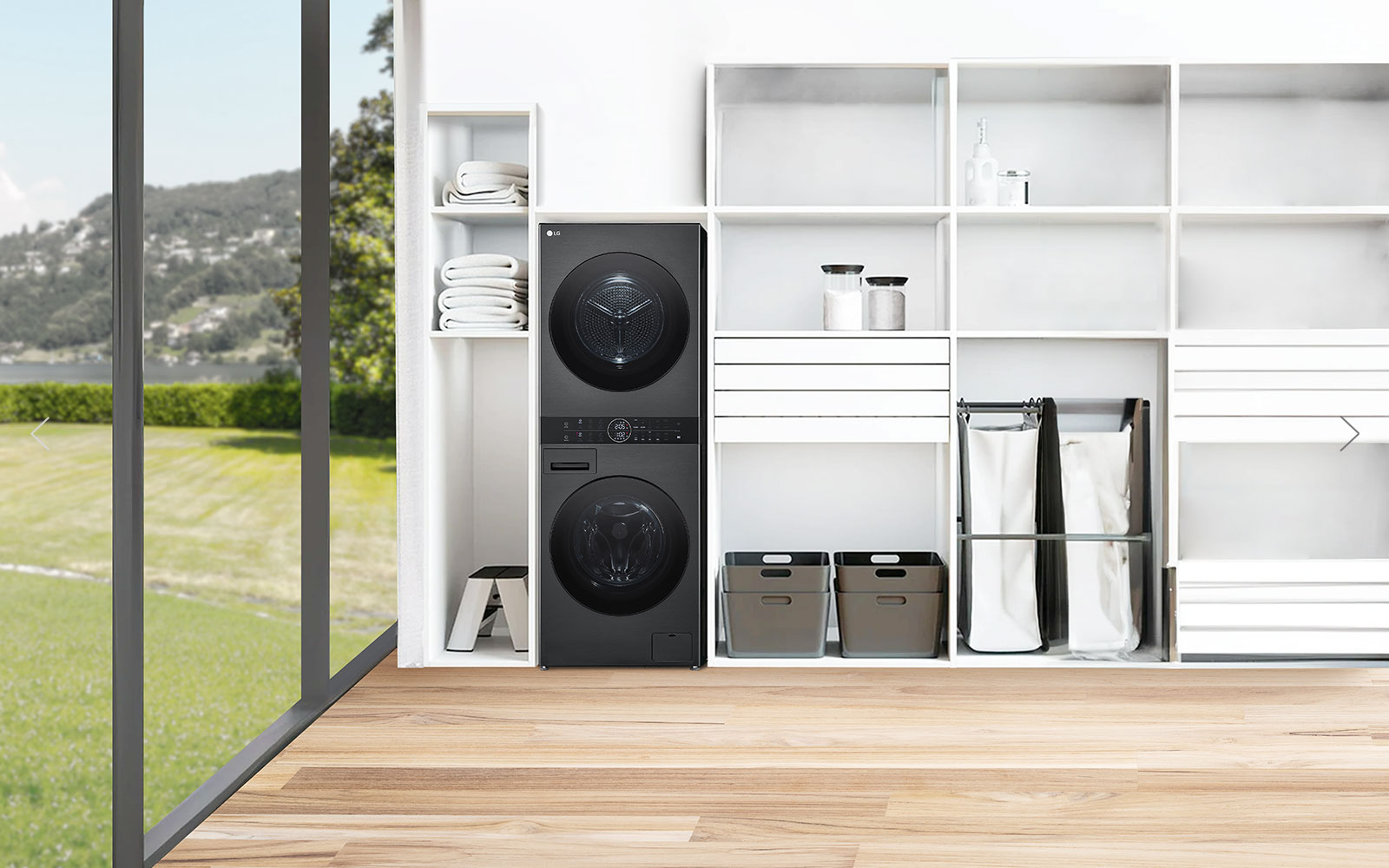 This is the wall of a room that looks like a utility room. Washtower is arranged in harmony with other furniture.