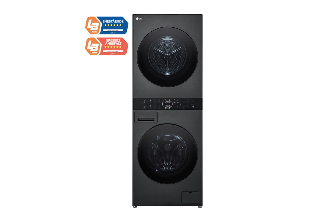 LG 12 kg / 10 kg WashTower(Svart) - Energiklasse A/C, Steam, TurboWash™360, AI DD™, Dual Inverter Heatpump™, WT1210BBF_Front_LightOff, WT1210BBF
