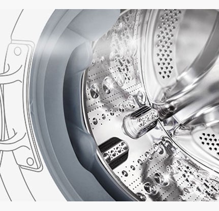 Bildet av innsiden av vaskemaskinen hvor de rustfrie trommelribbene kan sees.